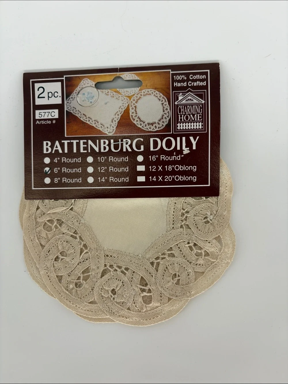 Charming Home Battenburg Doily - Taupe colored Lace 6” round 2pc.